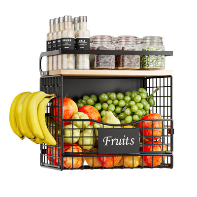 Black DIY Tag Magnetic Refrigerator Organizer with Wood Lid, Metal Spice Rack and Hanging Storage Basket for Fridge Single