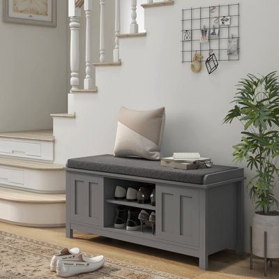 10 Pairs Shoe Storage Bench, Grey, With Cushion & Sliding Doors, Entryway, Adjustable Shelves, Strong Construction Entryway Capacity, Construction,