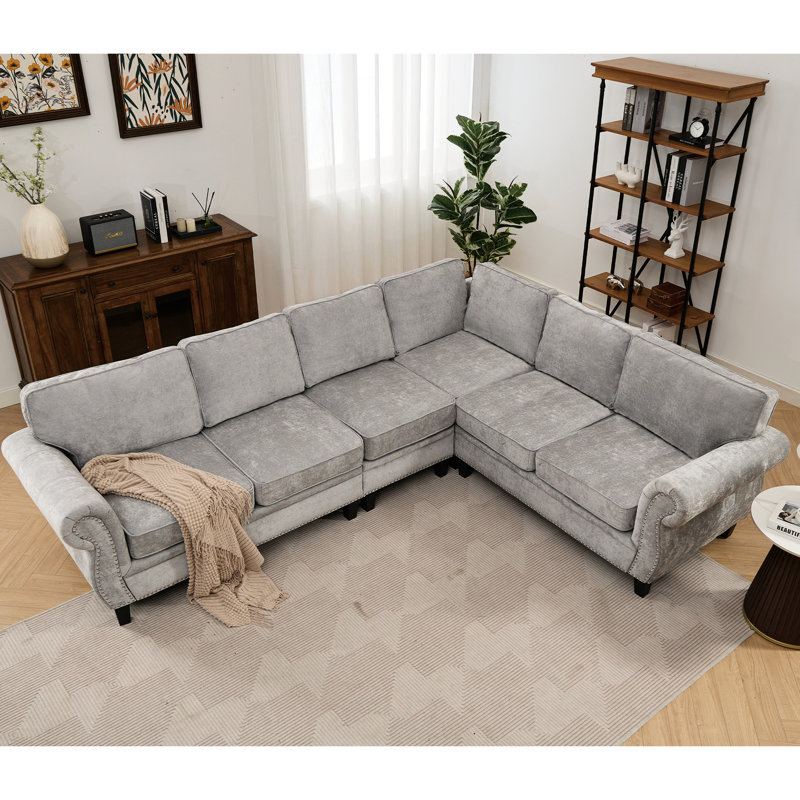 Canapé modulaire de 109,5 po, gris, 6 pièces, revêtement en chenille, rivets et 6 avec revêtement rembourré, Gris clair