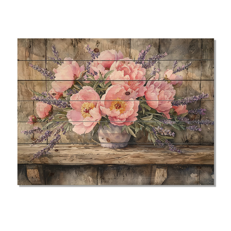 Pivoines et bouquet de lavande II - Art mural en bois pivoines - sur bois de pin naturel, H 10 po x l 20 po x P 0,78 po