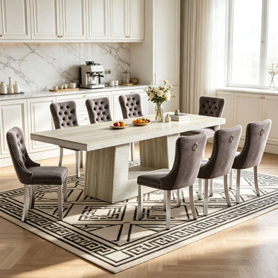 63-94.5" Extendable Dining Table Set for 8 with Wooden Trapezoidal Base, Extendable Dining Tabletop, 6-10 Seats, Hammered Design, Mid-Century Modern R
