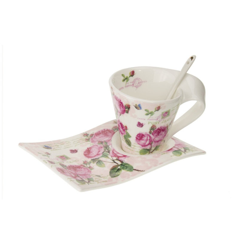 Floral Ceramic Teacup and Saucer Set with Spoon