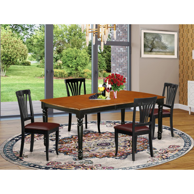 5 Piece Modern Dining Table Set Includes a Rectangle Wooden Table with Butterfly Leaf and 4 Faux Leather Upholstered Chairs, 42x78 Inch, Black & Cherry