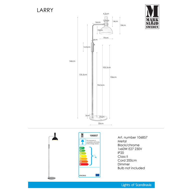 Keanu 146cm Task Floor Lamp, Black/Chrome