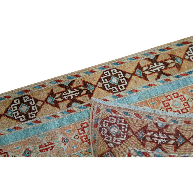 Tapis rayé beige / bleu / ivoire en laine noué à la main 5 pi x 6 pi 7 po