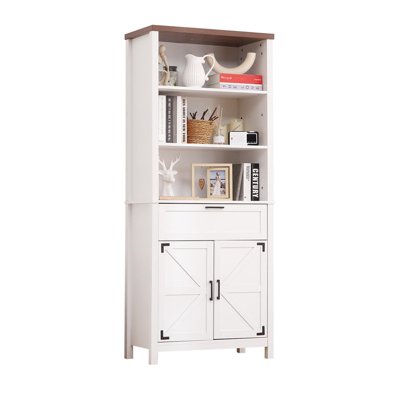Grande armoire de rangement 72 po avec tiroir et portes de grange, armoire de rangement en bois à 6 niveaux avec tablettes réglables