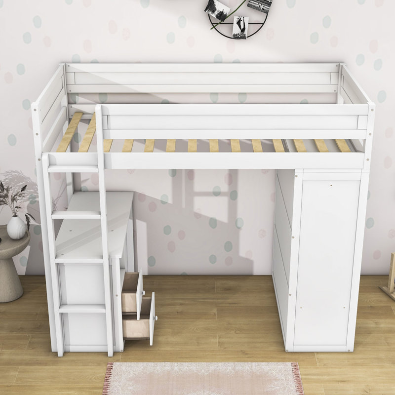 Clamart Wood Loft Bed with Wardrobes and 2 Drawer, White, Twin