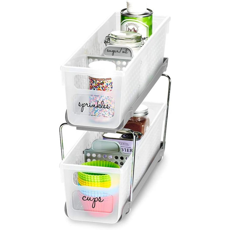 Mini 2-Tier Slide-Out Organizer With Handles And Dividers For Home And Bathroom, Frost