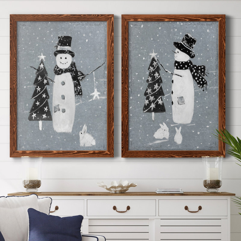 «Snowman Galvanized I», ensemble de 2 reproductions, Pas de tapis, Toile avec cadre érable, H 44 po x l 31 po x P 1 po