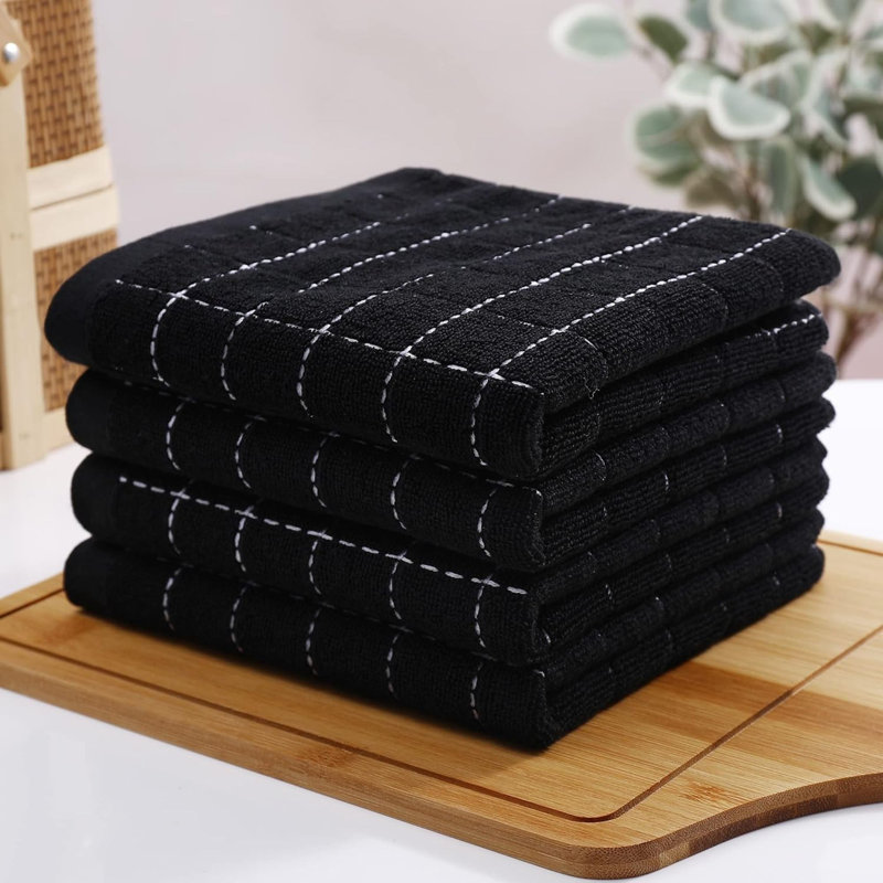 Serviettes de cuisine 100% coton éponge (noir), quadrillé, serviettes à vaisselle douces et super absorbantes, paquet de 4