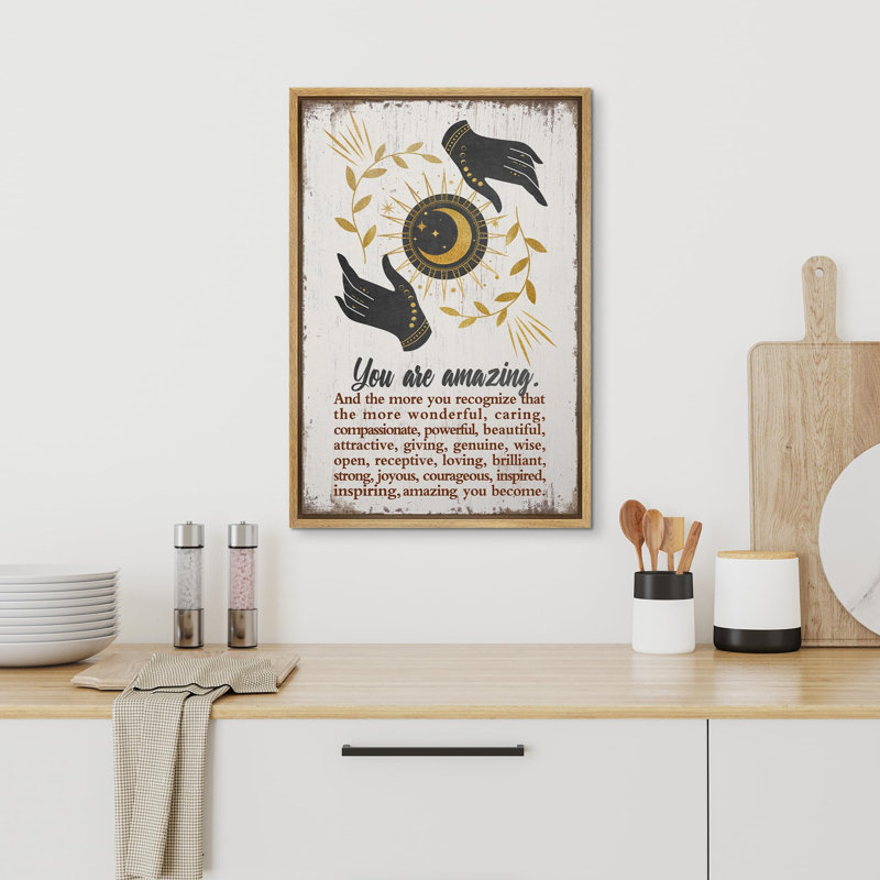 Golden Sun and Moon With Hands Inspirational Abstract Contemporary Relax / Calm, reproduction sur toile, Encadré naturel