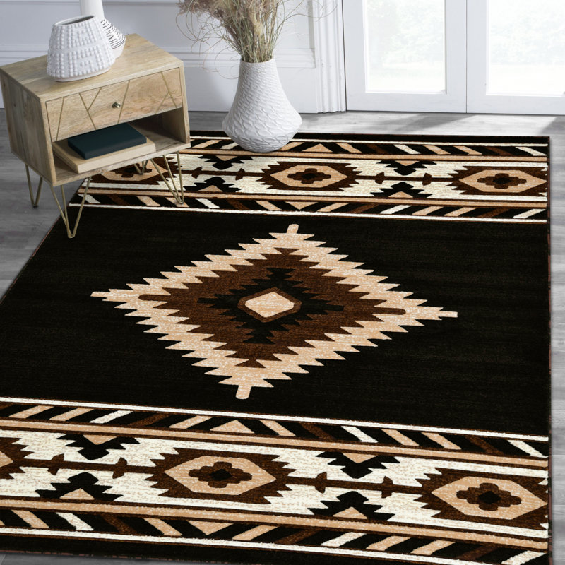 Tapis de style sud-ouest beige HR Black, Rectangle 5 pi 2,2 po x 7 pi 2 po