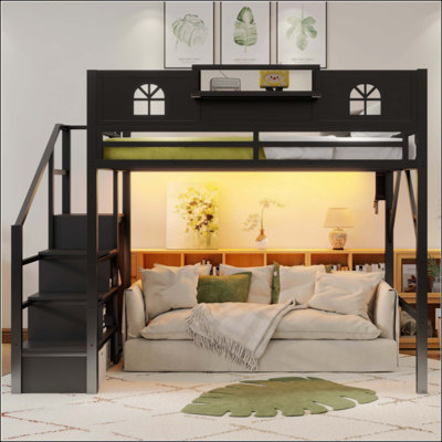 Loft Bed With Stairs, Metal Loft Bed With High And House Shaped Guardrails, High Loft Bed With Wardrobe For Kids Teens