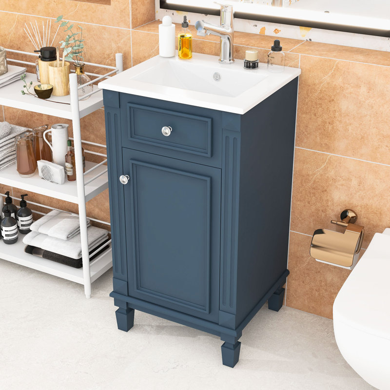 Meuble-lavabo moderne à faible encombrement avec lavabo intégré, tablette réglable et porte à fermeture en douceur, Bleu
