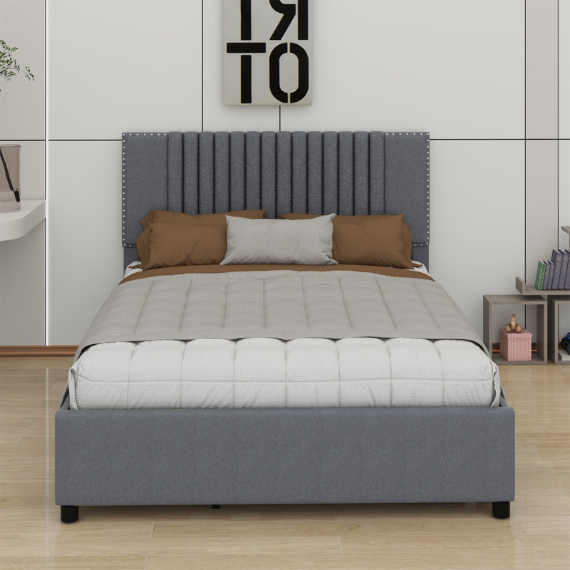 Lit plateforme tapissier avec 2 tiroirs et lit gigogne, tête de lit classique, Double, Gris
