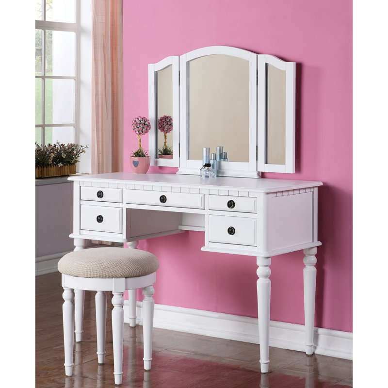 Bedroom Vanity In Contemporary Style, White Rubberwood, With Foldable Mirror, Padded Stool And Storage Drawers, Echoing Gilded Age Elegance, Simple Assembly Required Drawers For Cosmetic