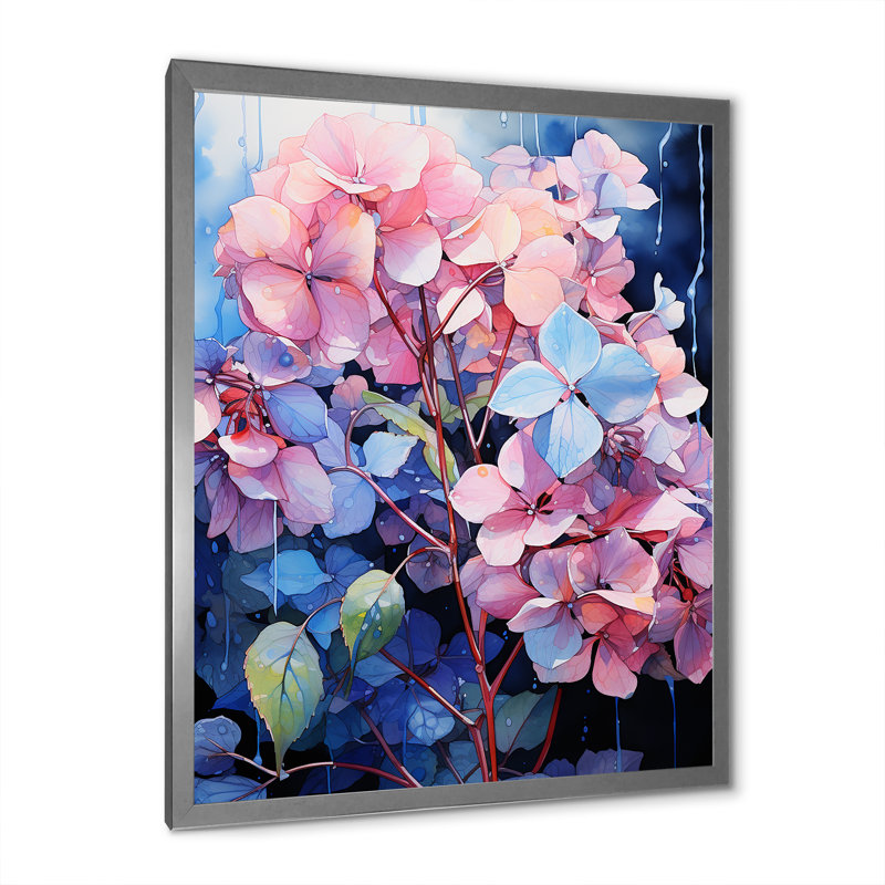 Hortensias bleus et mauves I, H 44 po x l 34 po x P 1,5 po, Cadre photo argenté