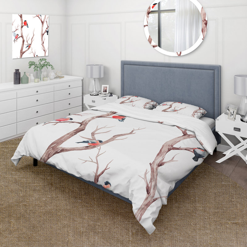 «Little Birds On The Tree Branches III» - Ensemble de housse de couette traditionnel - Microfibre de polyester
