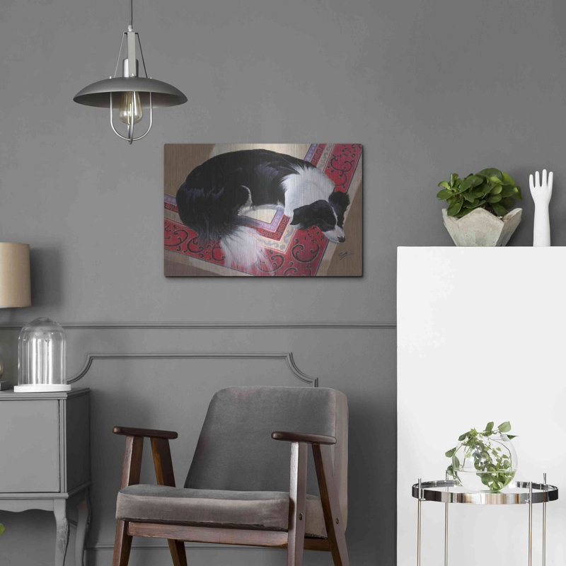 «Chien sur un tapis» par Durwood Coffey, H 16 po x l 24 po