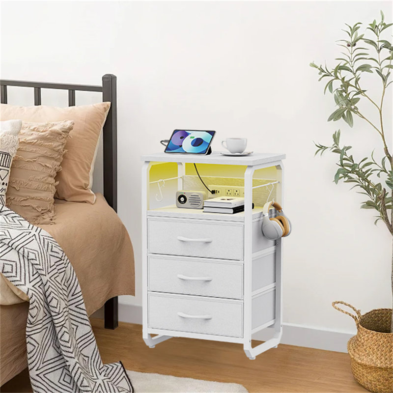 Multifunctional LED Nightstand With Charging Station & Storage, White