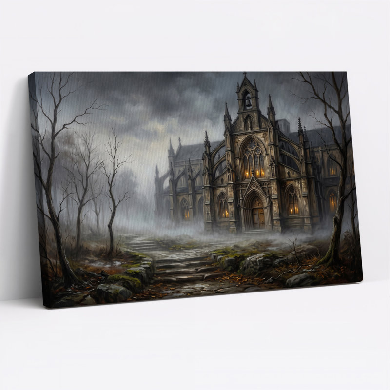 Cathédrale gothique aux vitraux dans une toile murale brumeuse d'Halloween, H 18 po x l 24 po