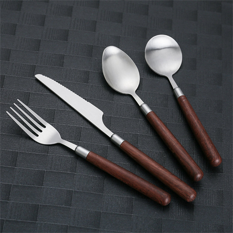Stainless Steel Flatware Set With Walnut Wood-Inspired Handles - Knives, Forks, Spoons For Dining