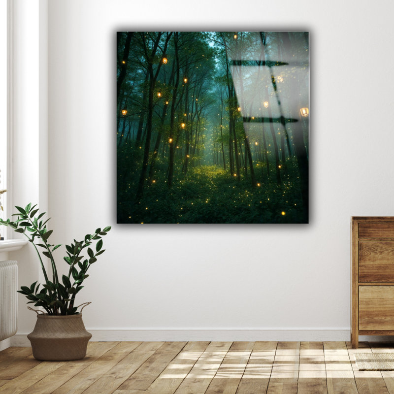 Fireflies Night Forest Enchanted Woodland Glass Art, décoration murale pour le salon ou la chambre à coucher