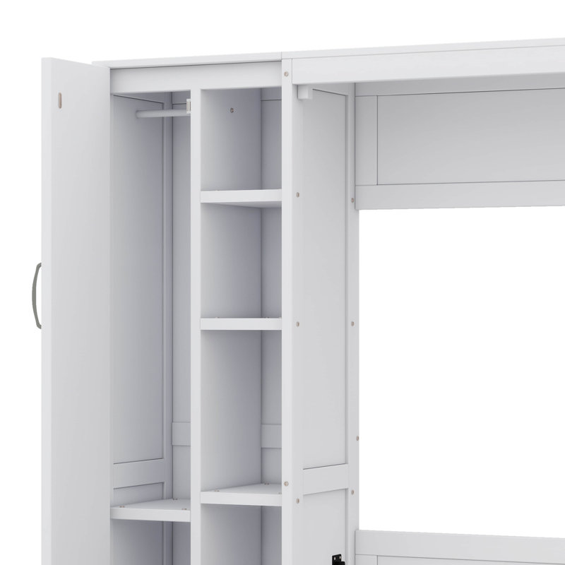 Full-Size Murphy Wall Bed Featuring Functional Shelves, Closet & Subtle LED Lighting, Full, White