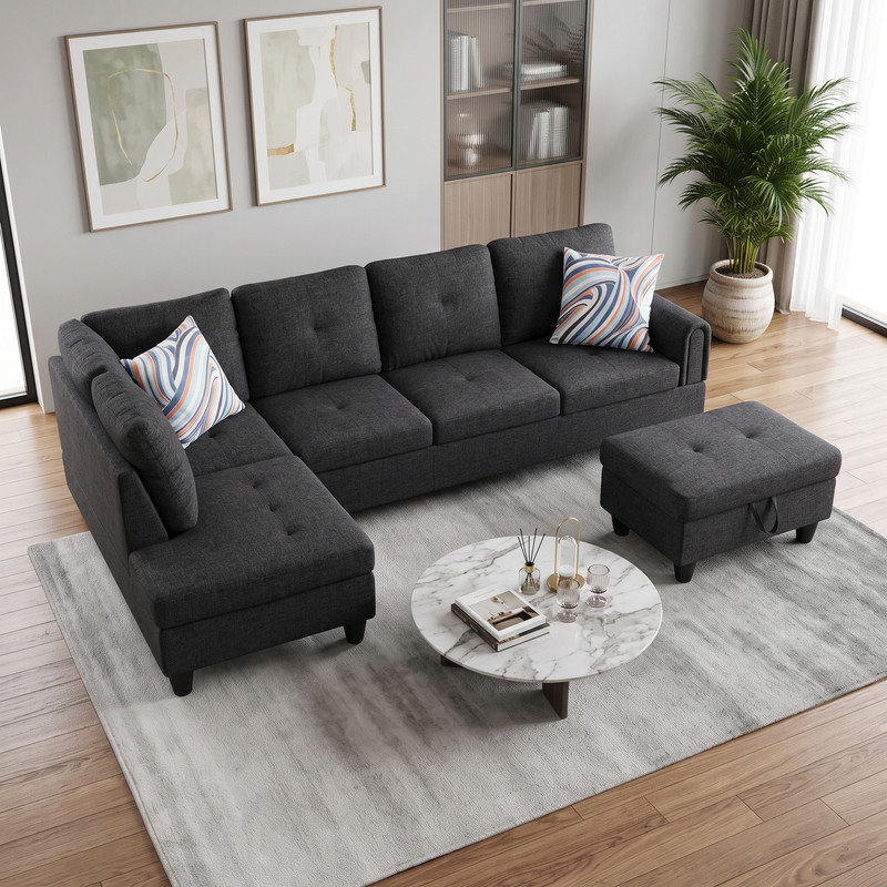 Canapé modulaire rembourré réversible avec repose-pieds, Lin gris noir, Orienté vers la gauche