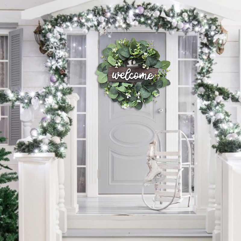 Couronne de porte d'entrée 1 pièce, couronne de feuilles d'eucalyptus 11,8 po avec panneau de bienvenue, décoration intérieure intérieure porche