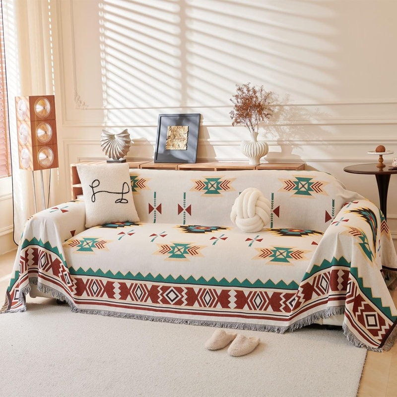 Cotton Box Cushion Sofa Slipcover, Polyester Blend - Beige Geometric