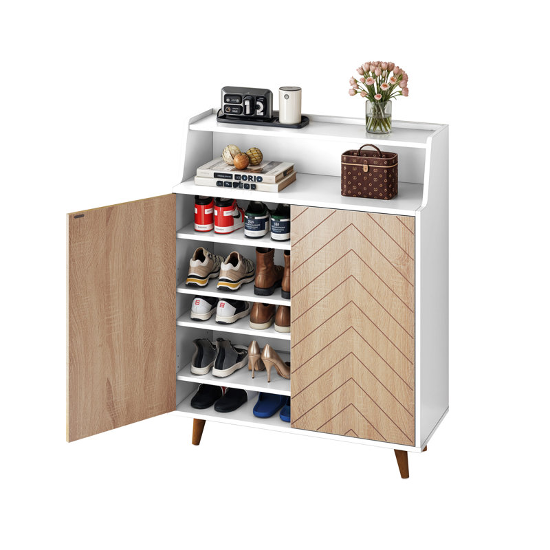 20 Pair Shoe Storage Cabinet With Open Shelves, White/Natural Wood