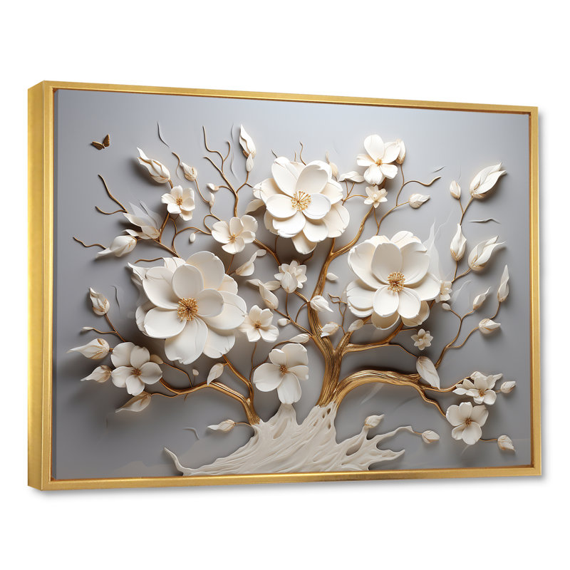Orchidée blanche jardin de branches 10 - Art mural floral abstrait pour le salon, Cadre flottant doré