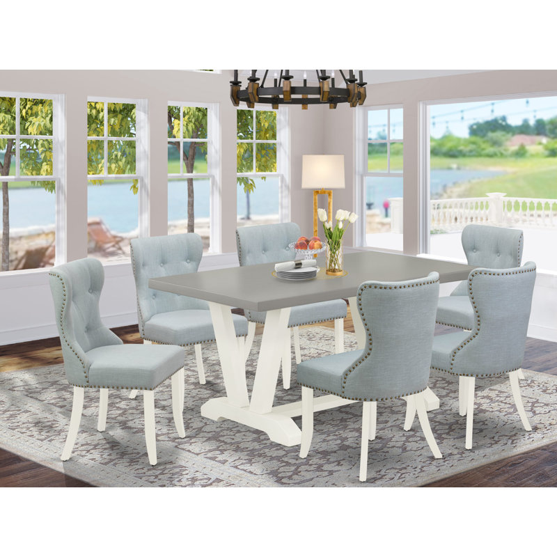 7-Pc Kitchen Table Set Consists of a Cement Dining Table and 6 Baby Blue Linen Fabric Parson Chairs with Button Tufted Back - Wire Brushed Linen White