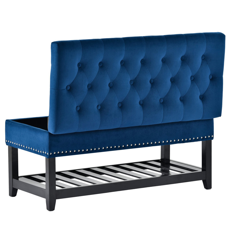 Banc de rangement en bois massif Radwa, Bleu marine