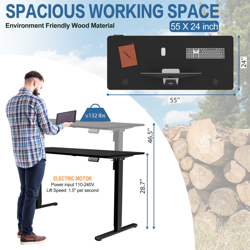 Bureau debout à hauteur ajustable Gilman Home Office, Noir / Noir, H 28,7 po x l 55 po x P 24 po