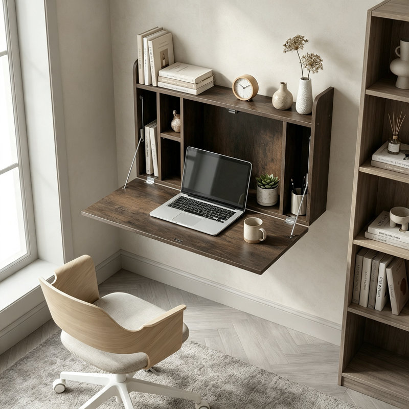 Wall Mounted Floating Desk with Fold-Down Desktop and Storage Shelves for Home Office, Dark Brown
