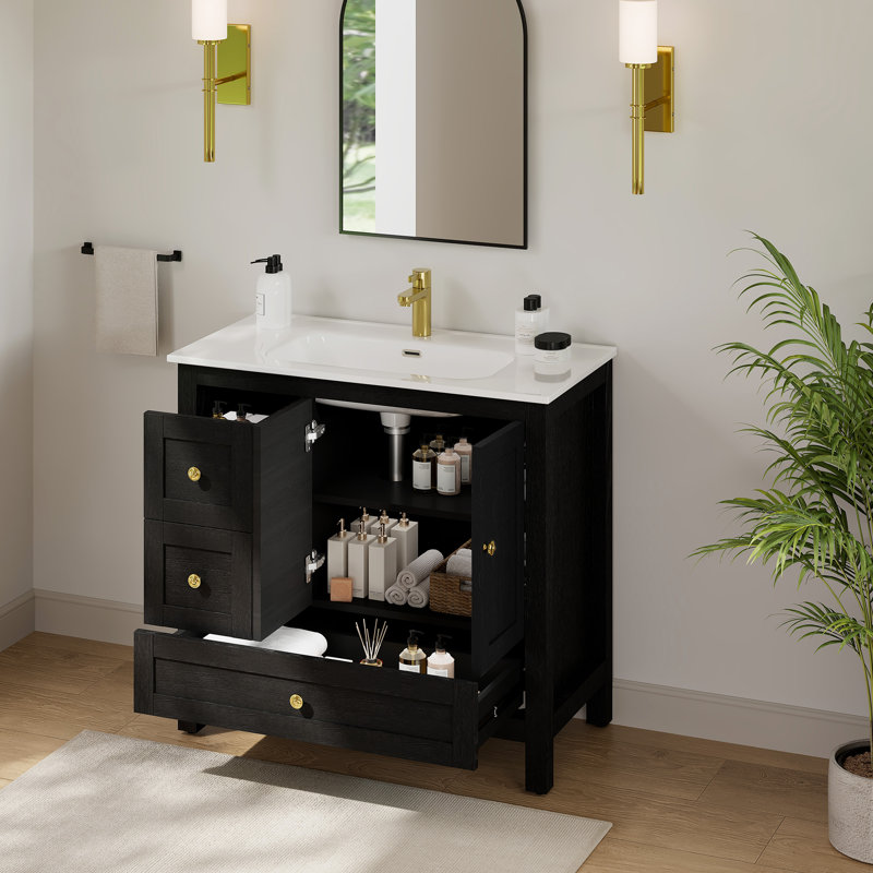 Ensemble de meuble-lavabo sur pied simple 36 po avec lavabo en céramique Lumina, noir, contreplaqué de bois franc, portes à fermeture en douceur et rangement réglable intérieur