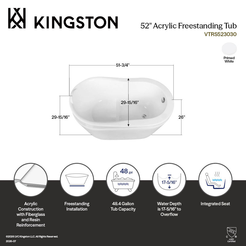 Kingston Brass Aqua Eden 52-Inch Acrylic Oval Single Slipper Freestanding Tub with Drain and Integrated Seat