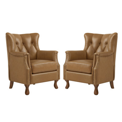 Redi 29.5" Mid-Century Genuine Leather Chair Solid Wood Accent Chair Tufted Wingback Armchair With Nailhead and Legs For Living Room Bedroom Study Home Office Reading Nook (Set Of 2)