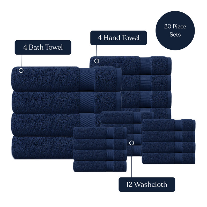 Delara Organic Cotton Plush Towel Set of 20, GOTS & OEKO-TEX Certified, 650 GSM, Soft, Quick-Dry, Absorbent, Hotel Quality