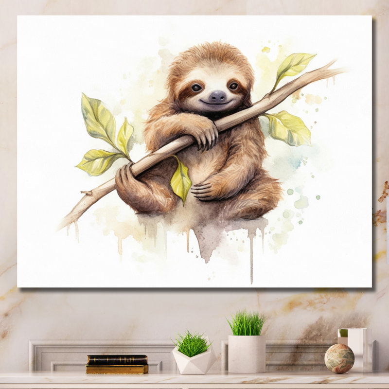 Lazy Sloth - paresseux, art mural, H 24 po x l 32 po x P 1 po, Toile tendue