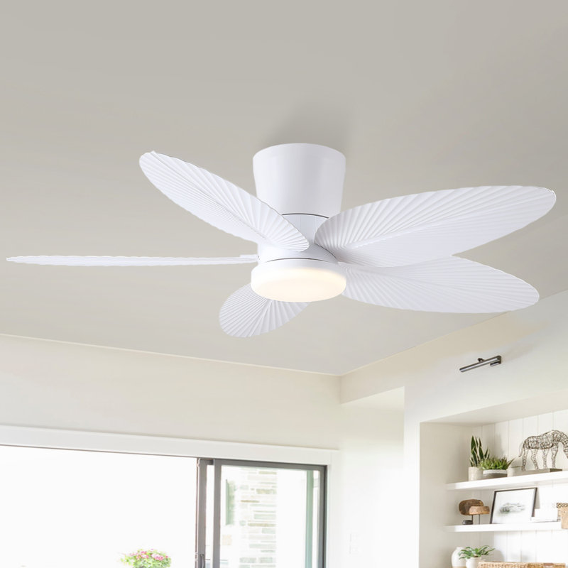 42" 5-blade Indoor Tropical Flush Mount Ceiling Fan With Light And Remote/app Control, White
