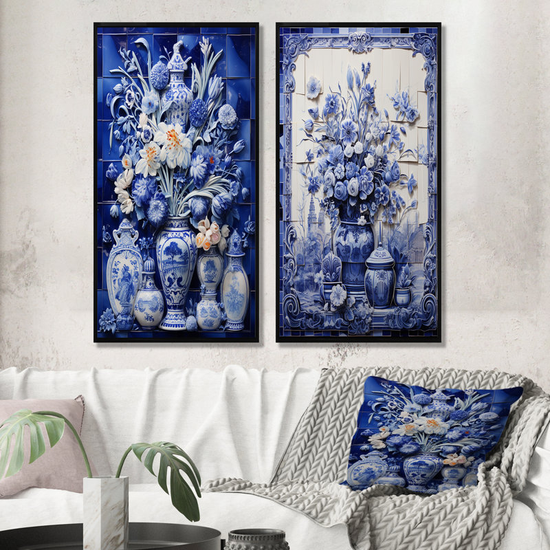 Bleu et blanc Boho Flower Pottery I - Boho Pottery Wall Art Living Room Ensemble de 2, Cadre flottant noir, H 28 po x l 25 po