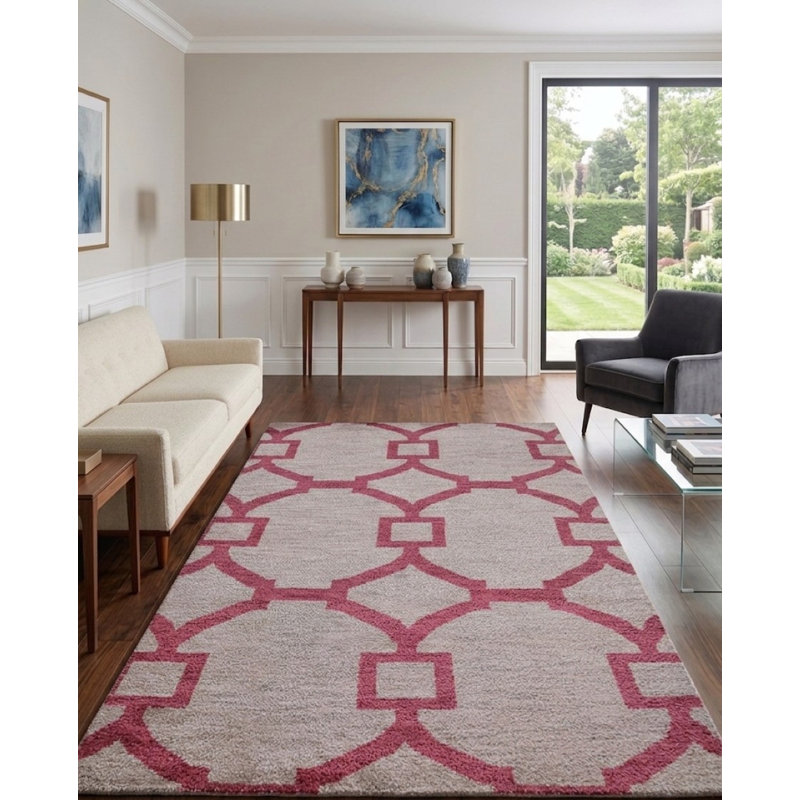 Beige | Red 100% Wool Handmade Geometric Indoor Area Rugs Hand Knotted Rectangle, Rectangle 5' x 8'