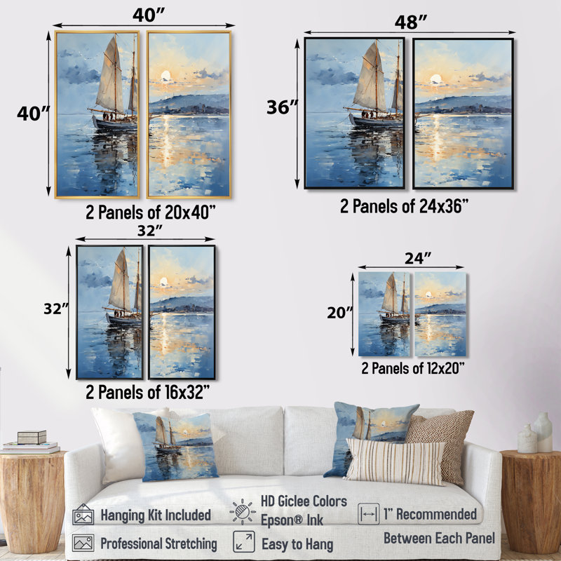 Bateau à voile reflets I - grand bateau côtier, ensemble de 2 impressions sur toile, H 32 po x l 32 po, Noir