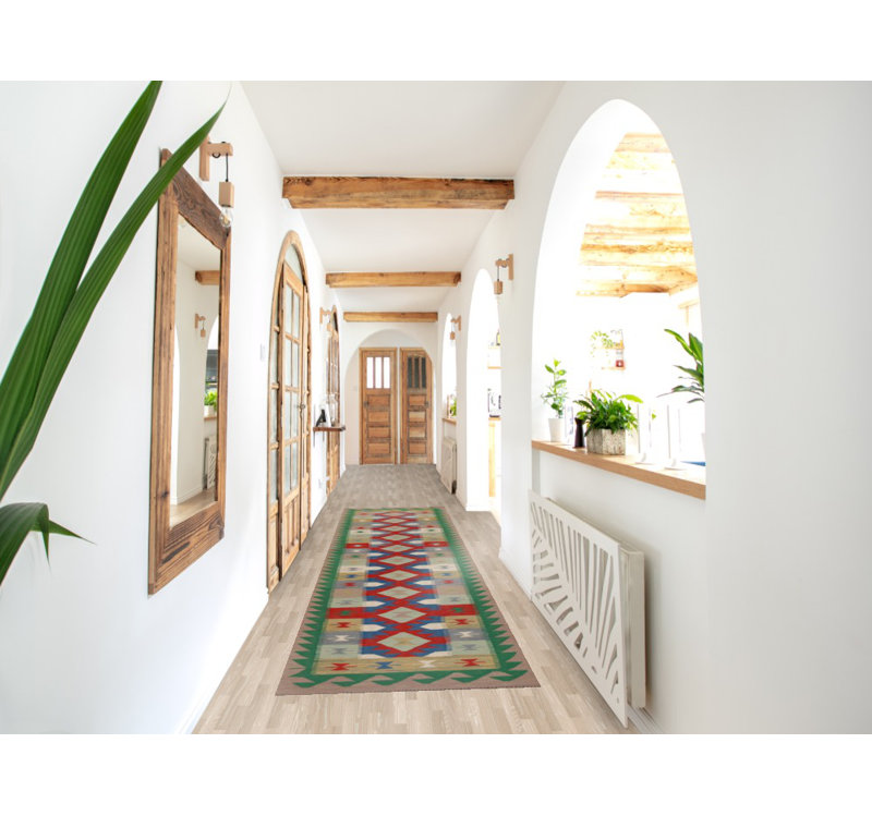 Tapis de couloir oriental géométrique en laine Kilim 3 x 13