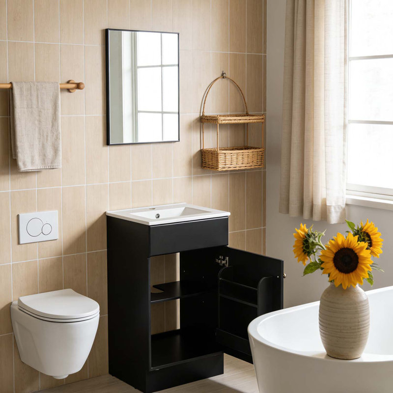 Meuble-lavabo de salle de bain avec lavabo, tablettes réglables, pour salle de bain moderne, Noir