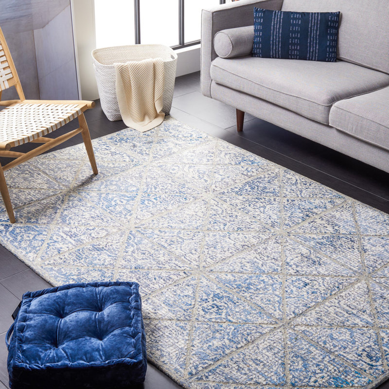 Tapis géométrique beige / bleu touffeté à la main Asensio 600, Rectangle 4 pi x 6 pi