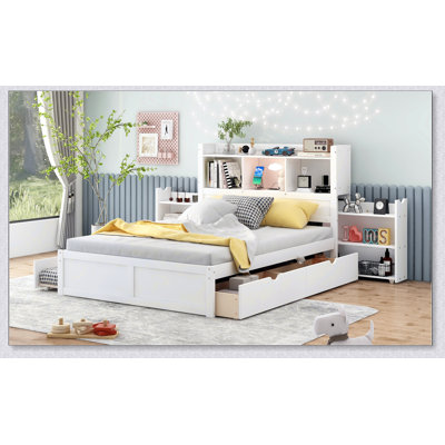 Storage Platform Bed With Pull Out Shelves, Twin Size Trundle And 2 Drawers